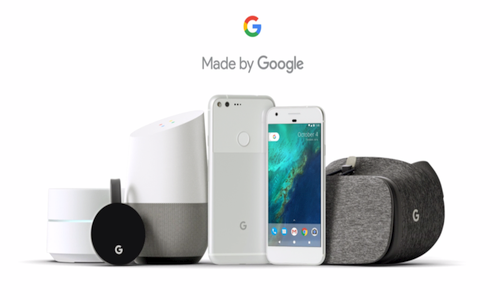 Źródło: google.com. W kolejności od lewej: Chromecast Ultra, Google Home, Google Pixel, Google Pixel XL i gogle do VR