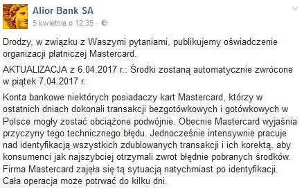 oświadczenie Alior Banku awaria Mastercard.