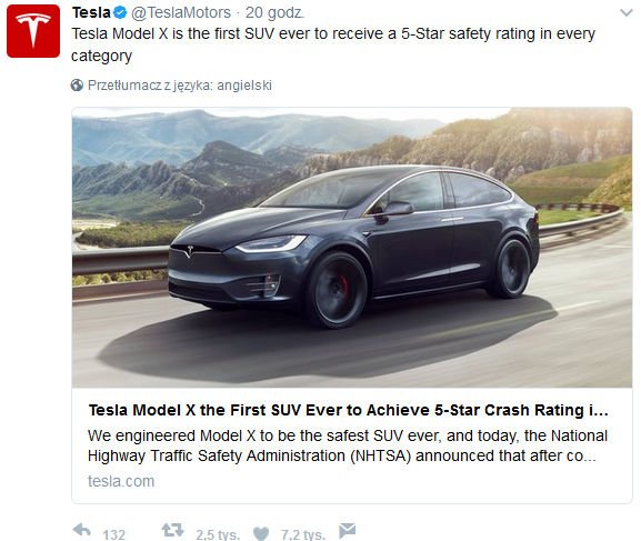 Tesla potwierdza - Model X najbezpieczniejszym SUV-em w historii.