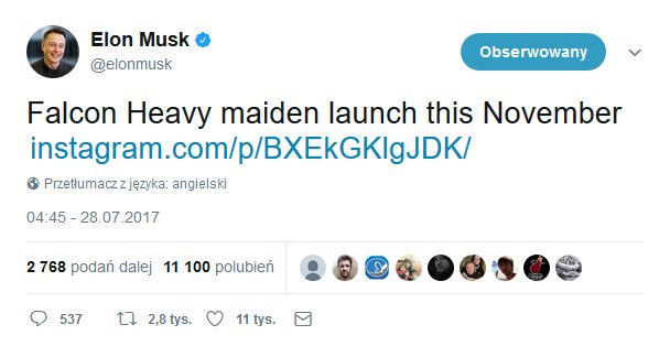 Elon Musk - Falcon Heavy wystartuje już w listopadzie.