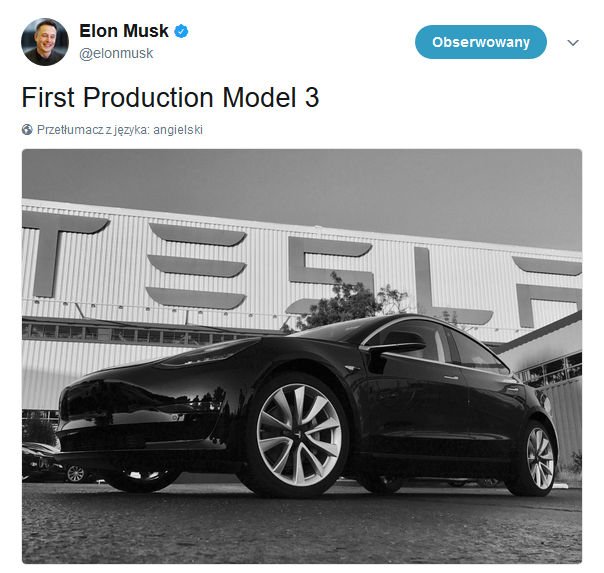 Elon Musk pokazał pierwszą Teslę Model 3.